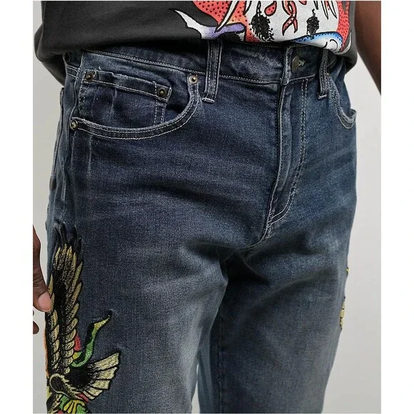 NWT Ed Hardy Eagle Snake Slim Straight Y2K Med Blue Denim Jeans (Men's 36)